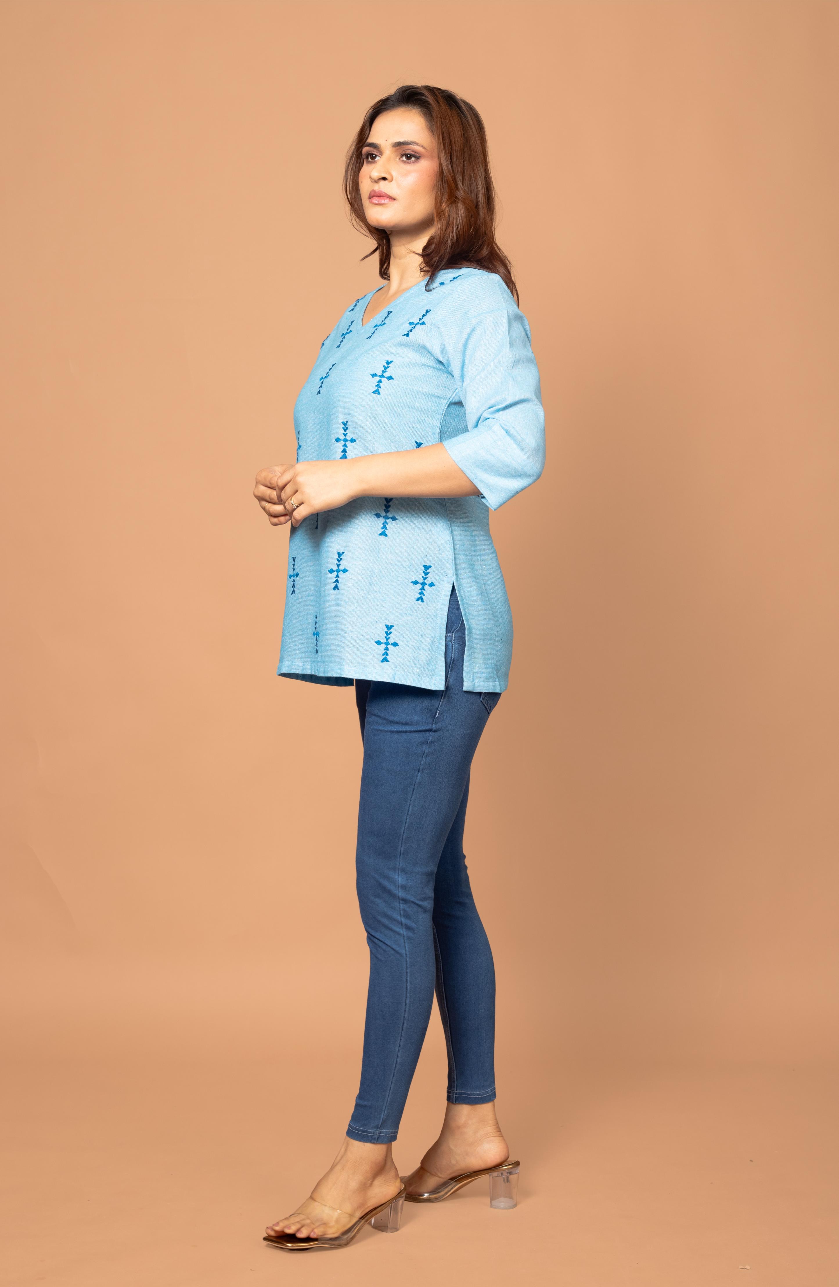 Light Blue Cotton Short Hand Embroidered Slim Fit Kurti