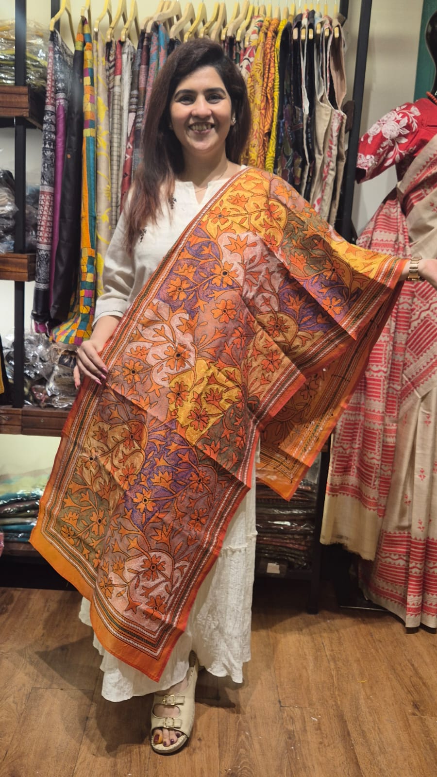 Orange Multicolour Floral Kantha Silk Stole