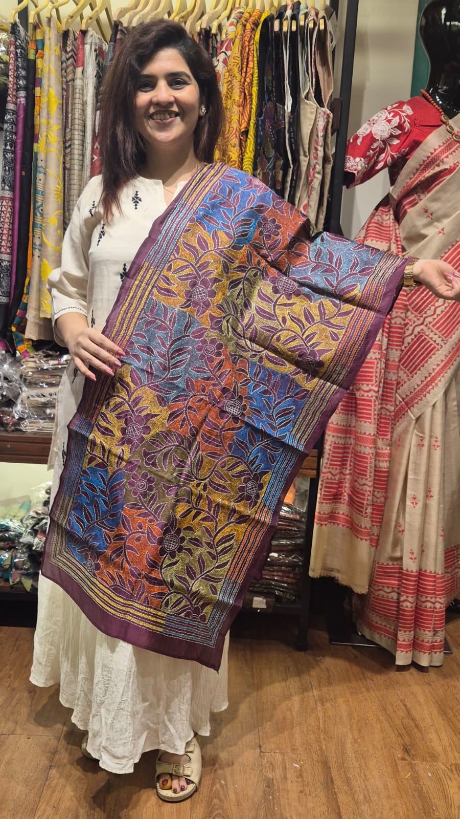 Purple Vine Kantha Silk Stole