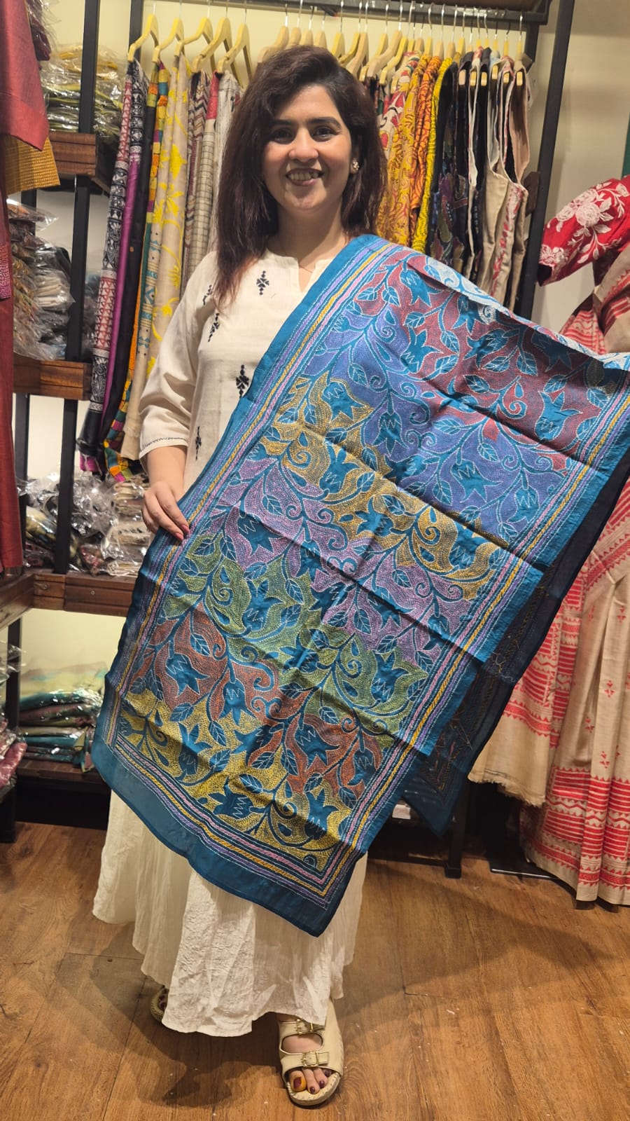 Teal Multicolour Kantha Silk Stole