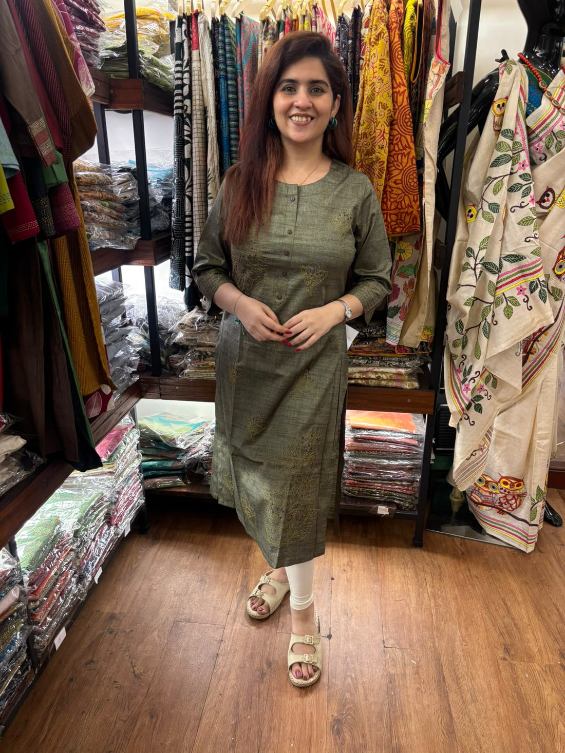 Olive Green Khadi Silk Long Kurti