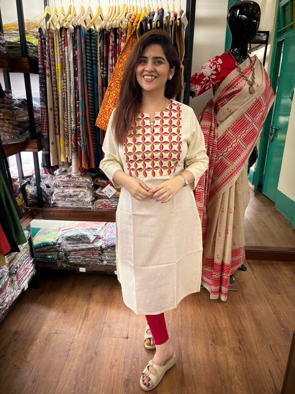 White Multicolour Cotton Long Kurti