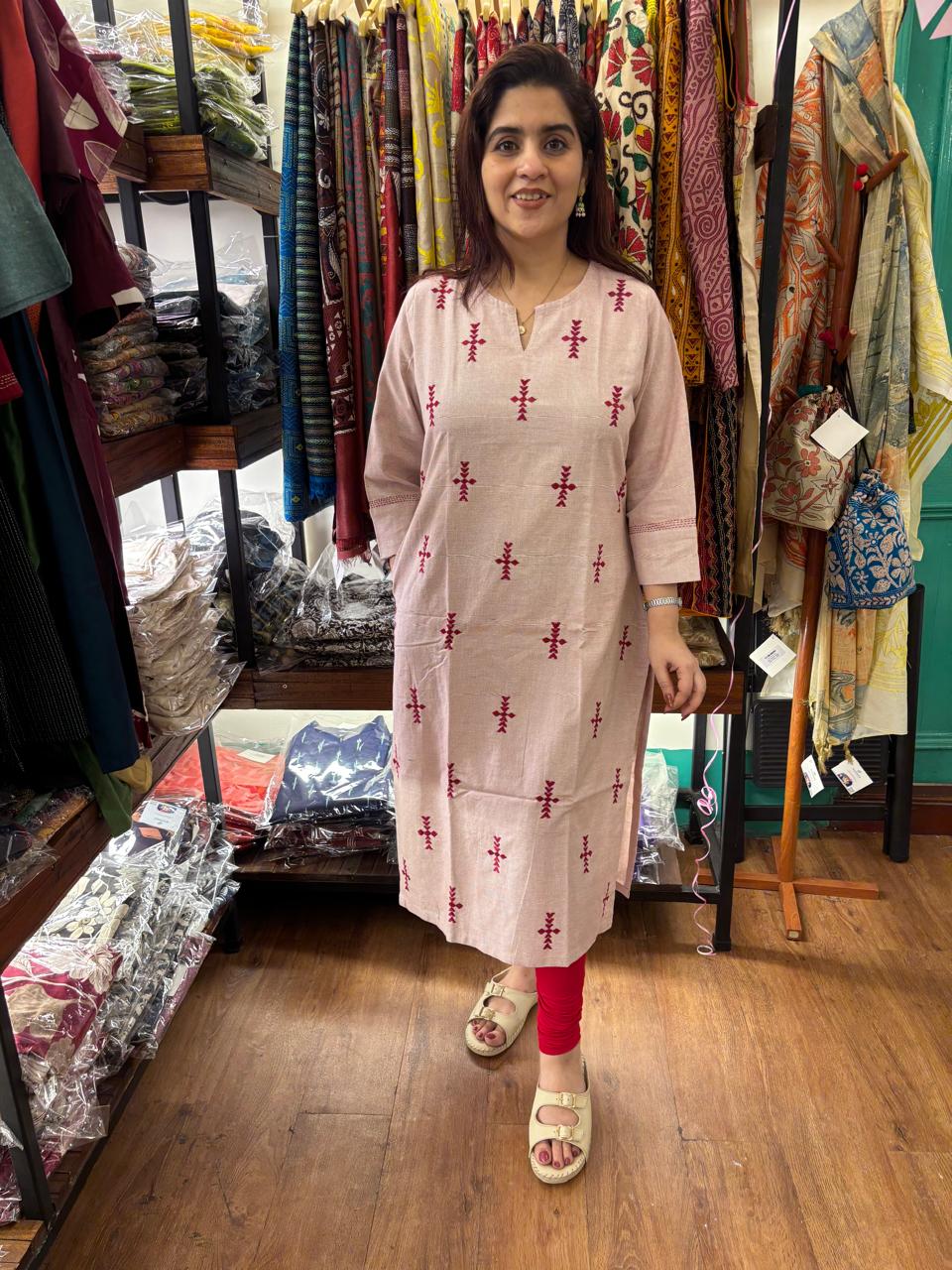 Red Check Cotton Long Kurti