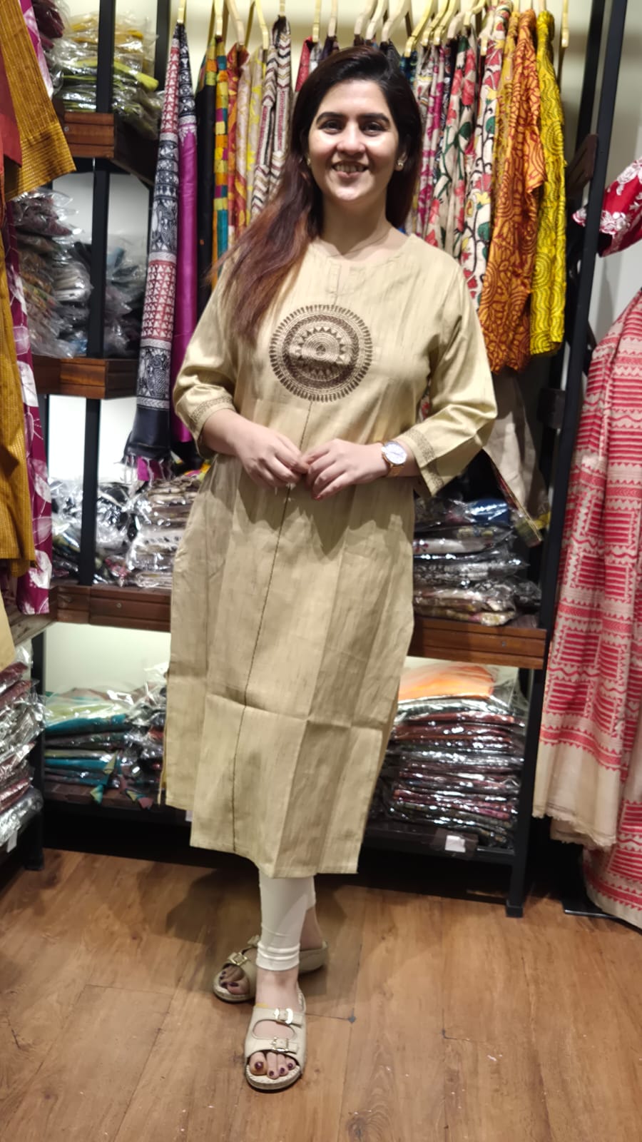 Cream Brown Mandala Cotton Long Kurti
