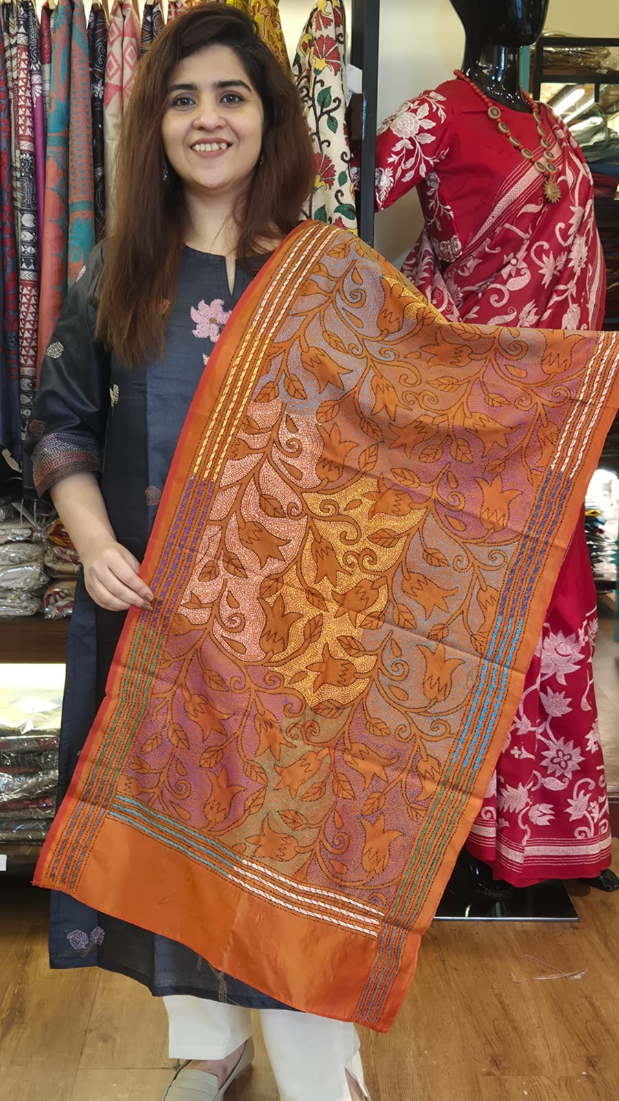 Peach Pink Vine Kantha Silk Stole
