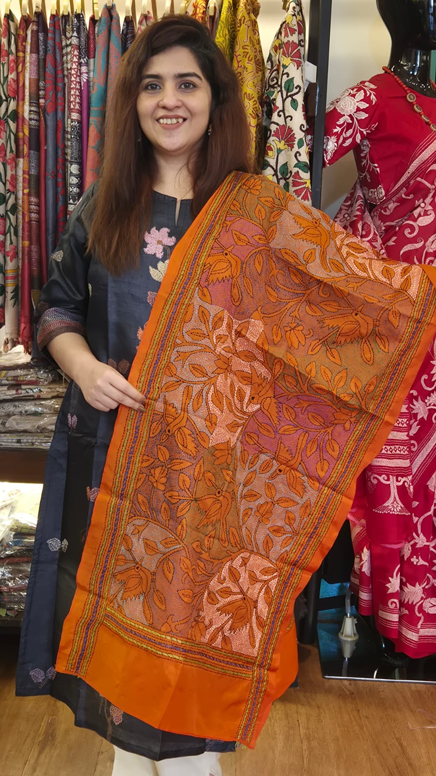Copper Orange Leaf Kantha Silk Stole