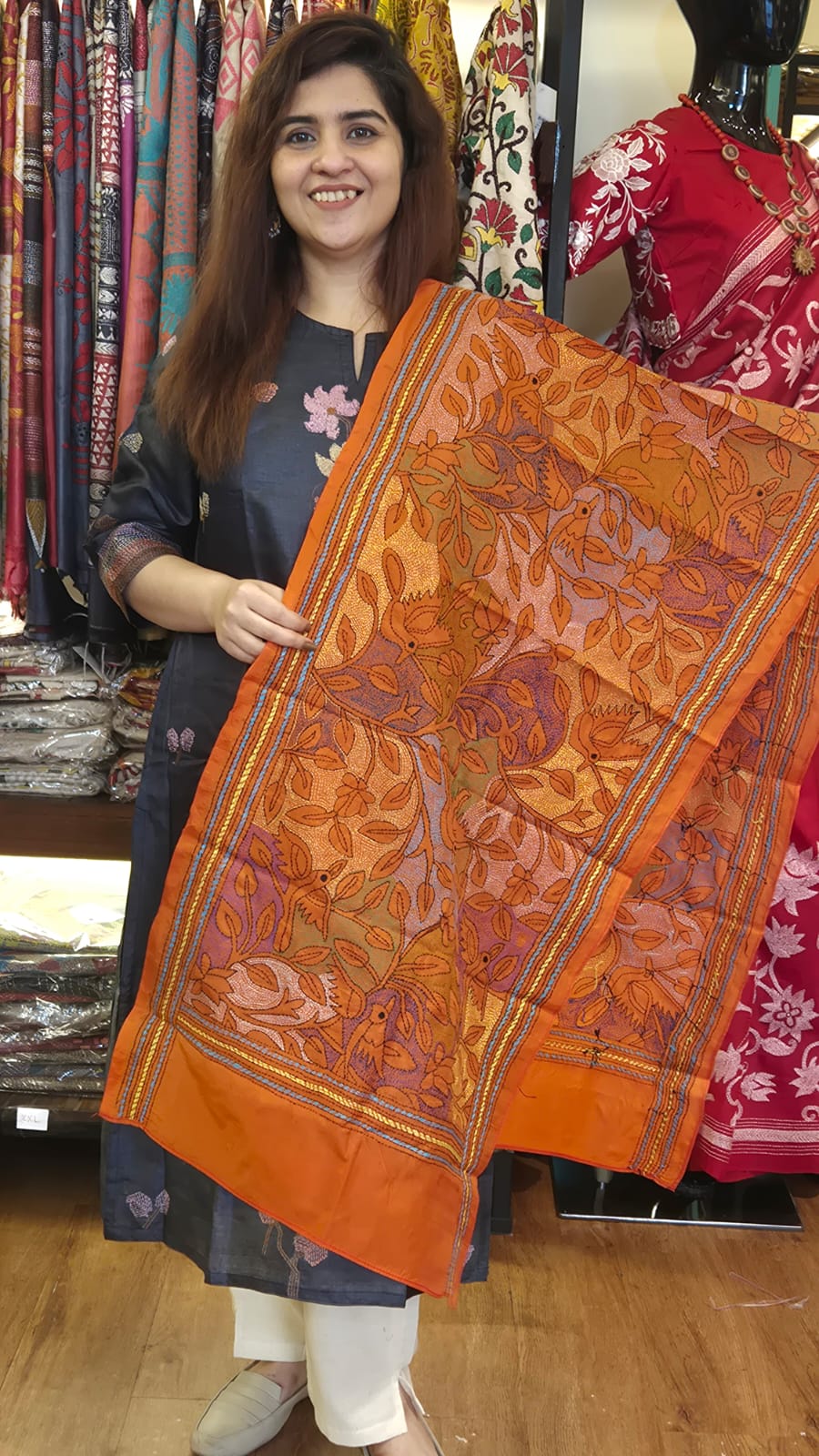 Ochre Orange Vine Kantha Silk Stole