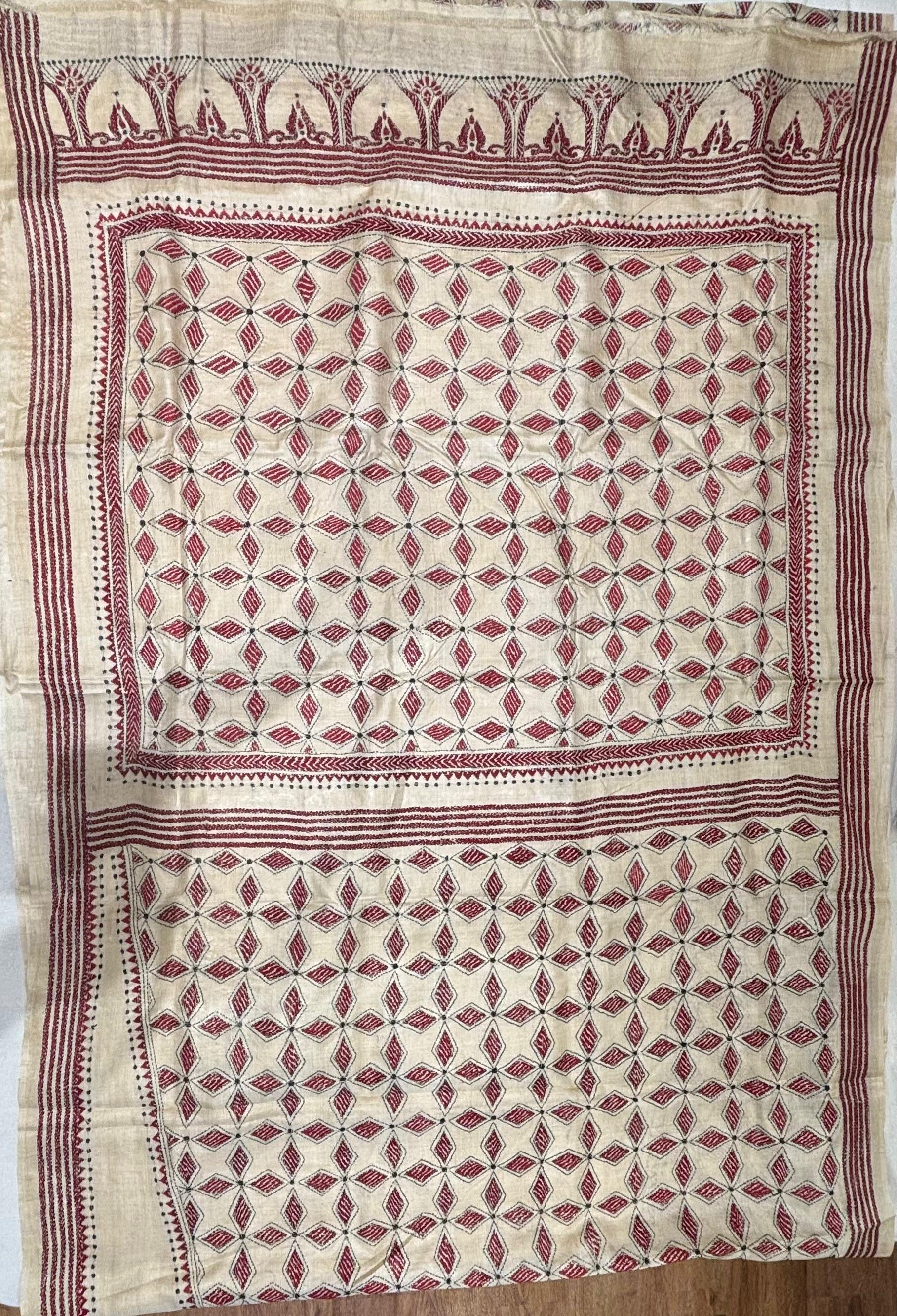 Wine Tussar Saree with kantha Work