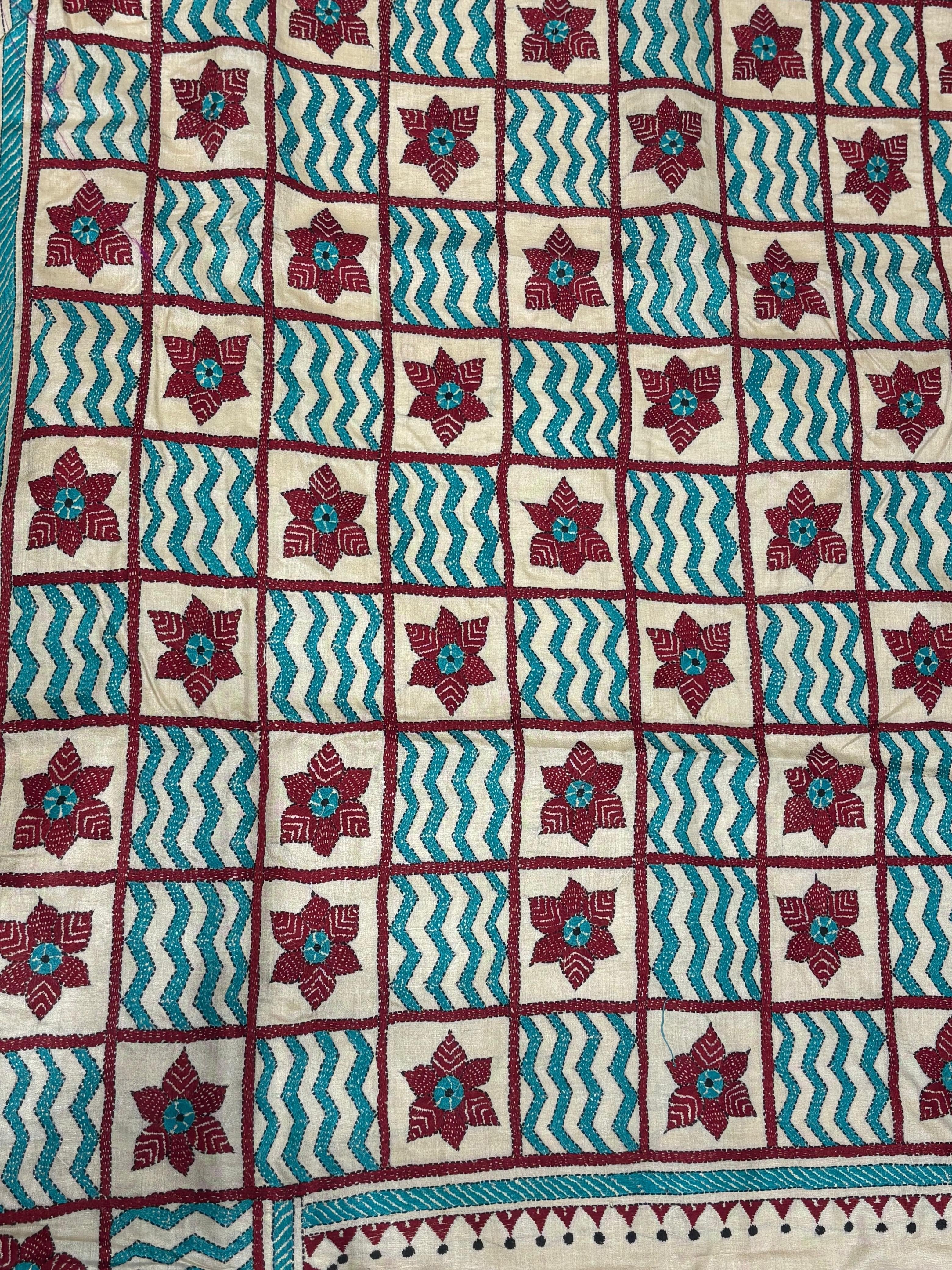 Blue & Red Geometric Tussar Saree