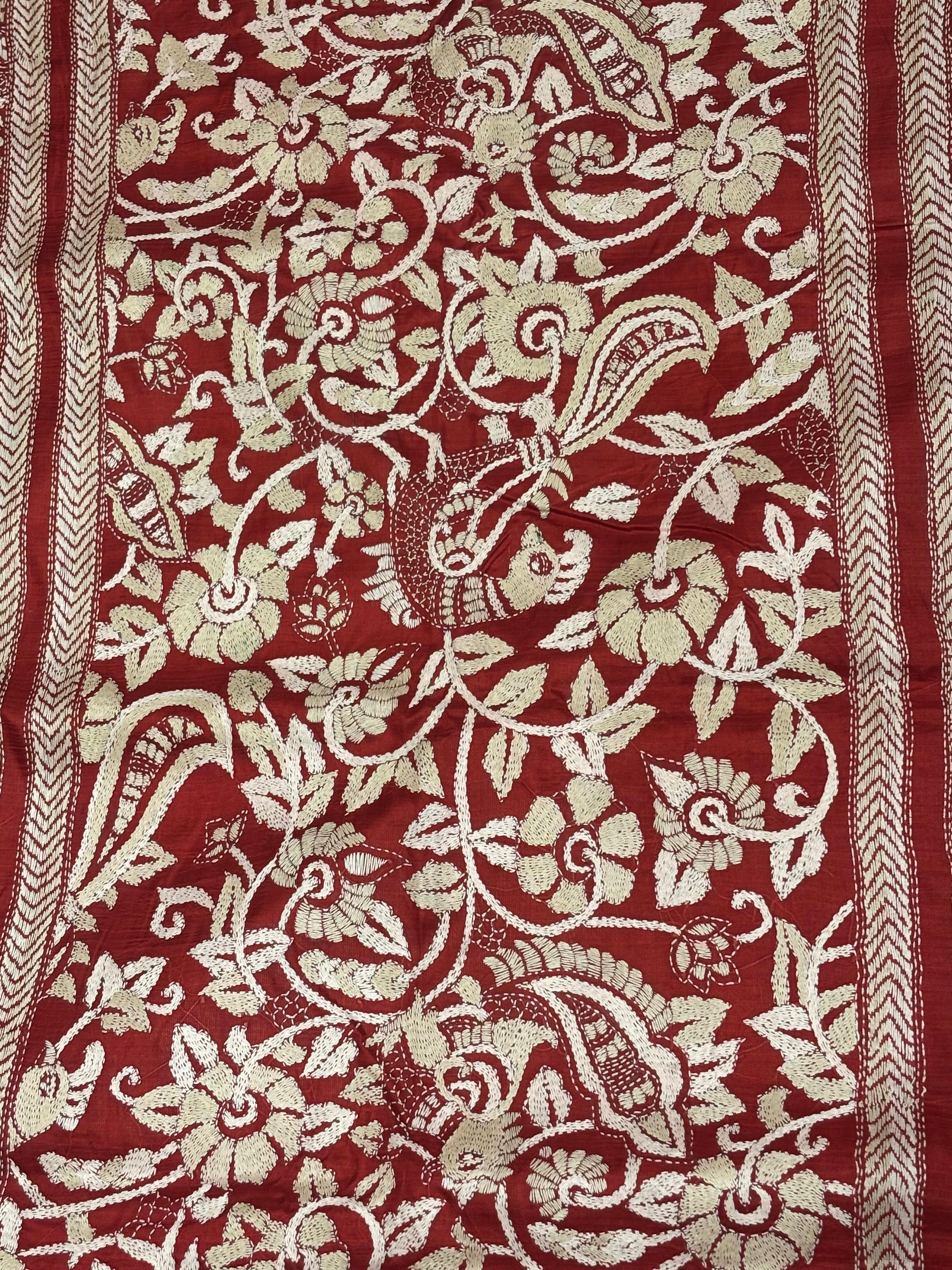 Red & White Floral Tussar Saree