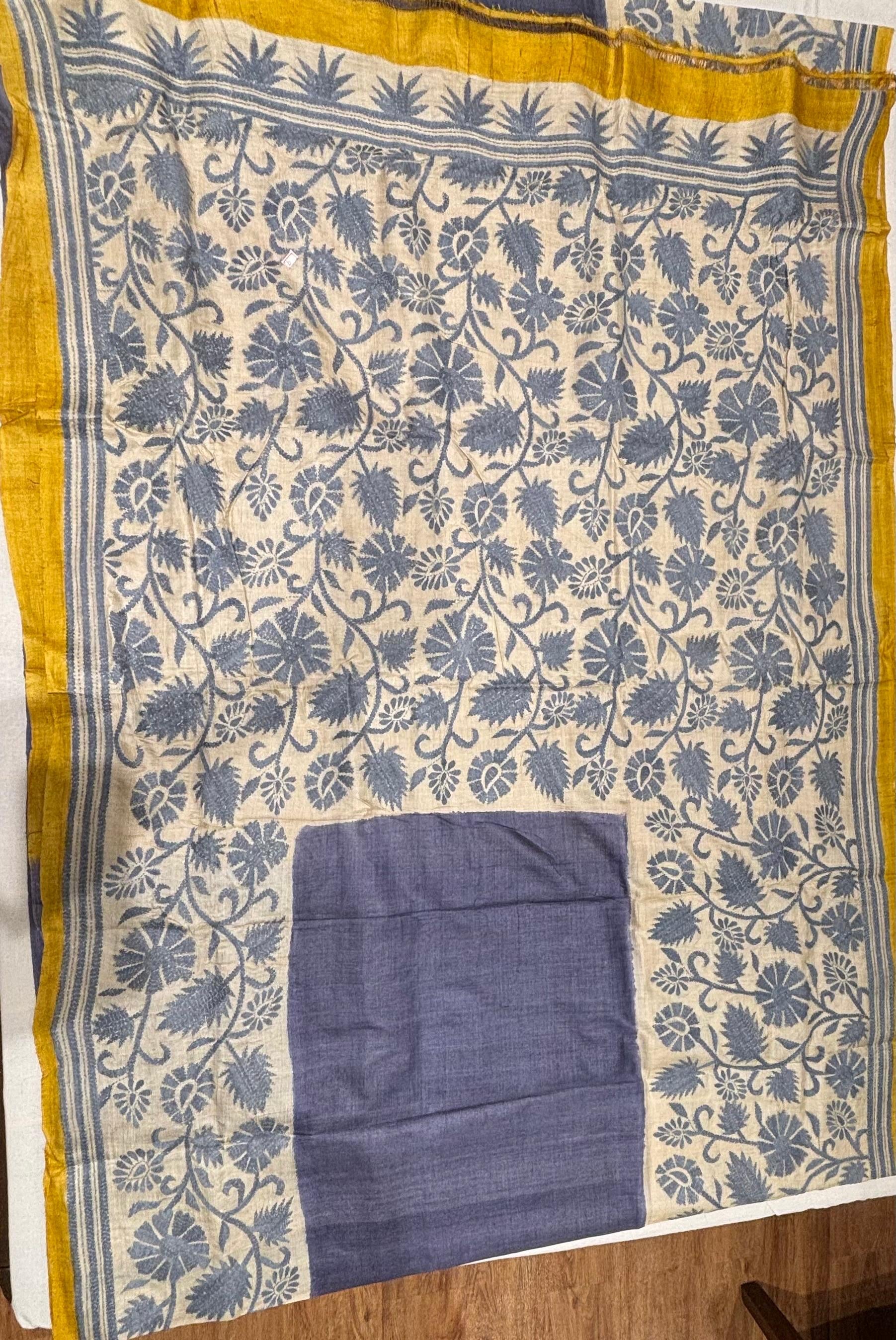 Blue & Yellow Dyed Tussar Saree