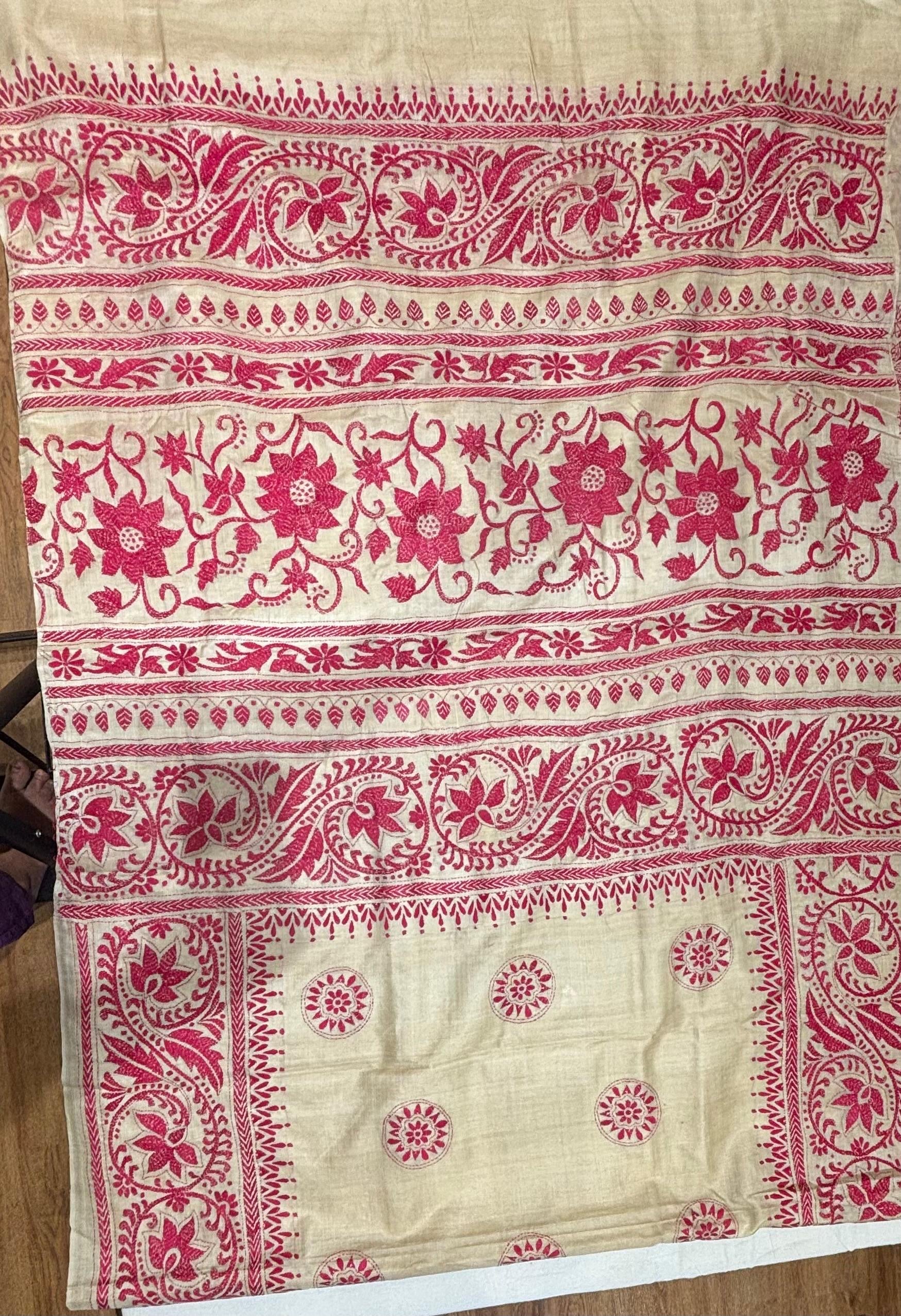 Dark Pink Floral Tussar Saree