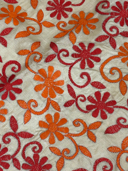 Orange &amp; Red Floral Tussar Saree