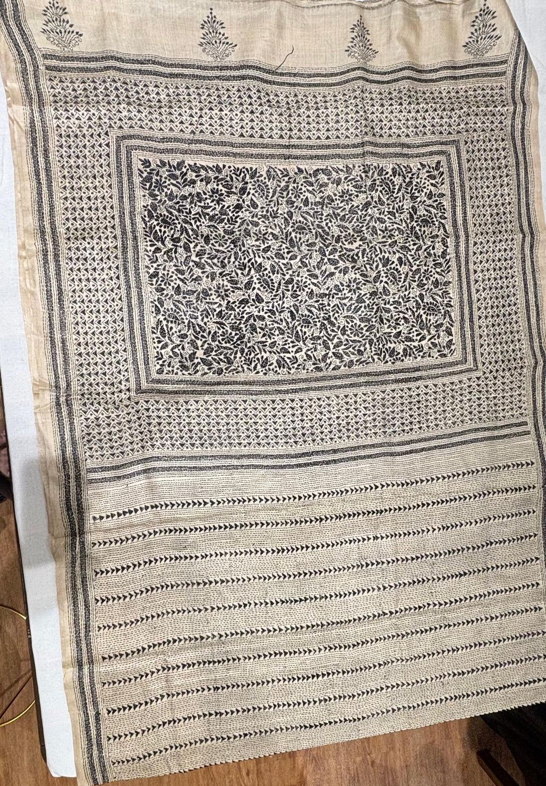 Black Geometric &amp; Floral Design Tussar Saree