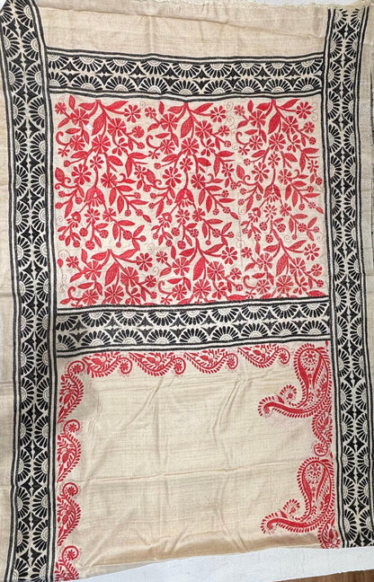 Red &amp; Black Floral Tussar Saree