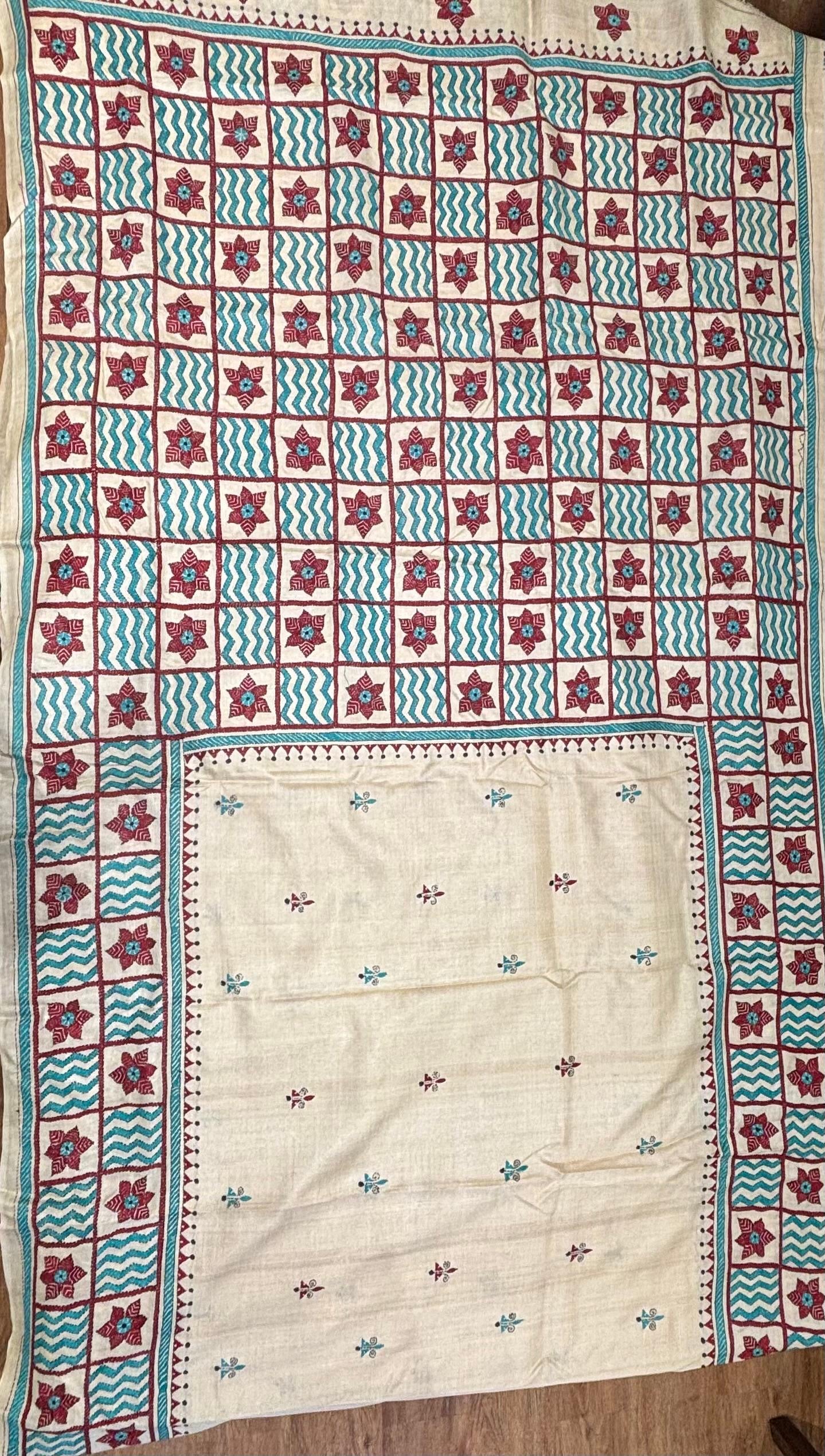 Blue &amp; Red Geometric Tussar Saree