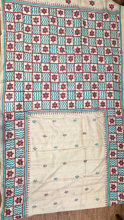 Blue &amp; Red Geometric Tussar Saree