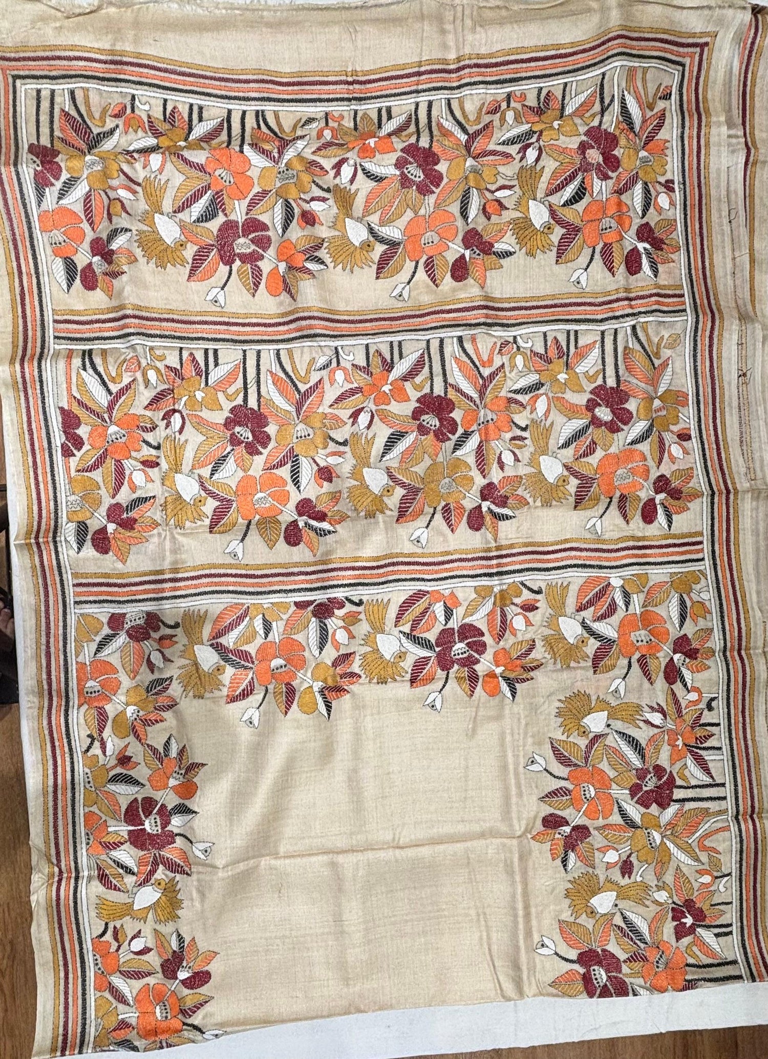 Floral with bird morifs Tussar Saree