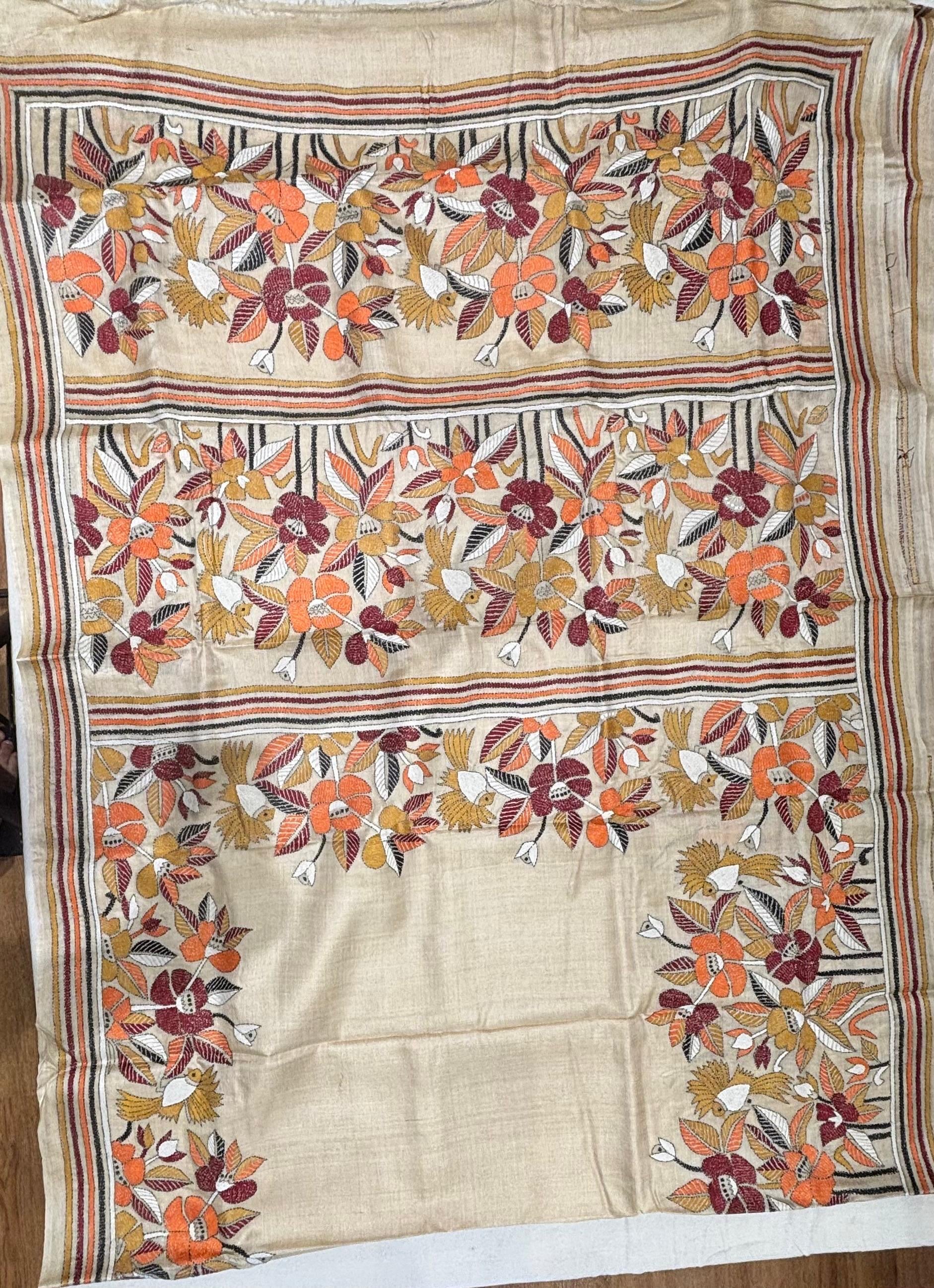 Floral with bird morifs Tussar Saree
