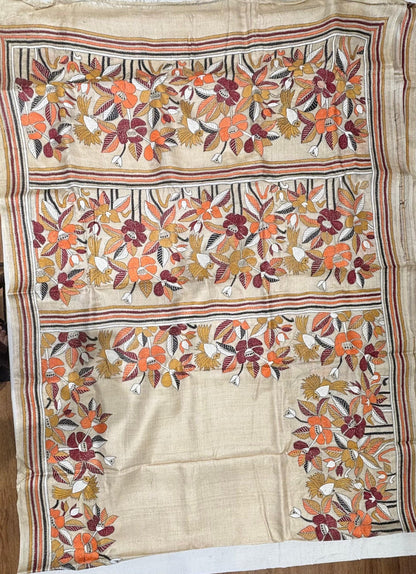 Floral with bird morifs Tussar Saree