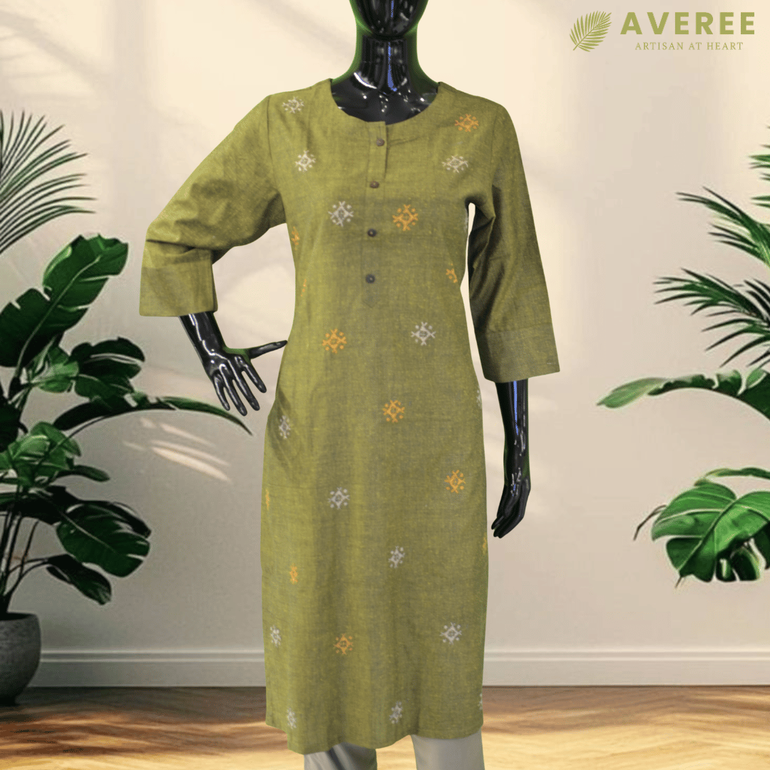 Sage Green Cotton Hand Embroidered Slim Fit Kurti