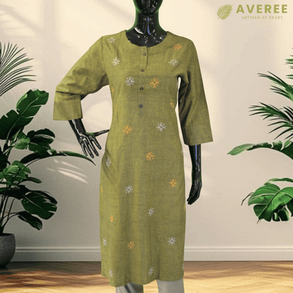 Sage Green Cotton Hand Embroidered Slim Fit Kurti