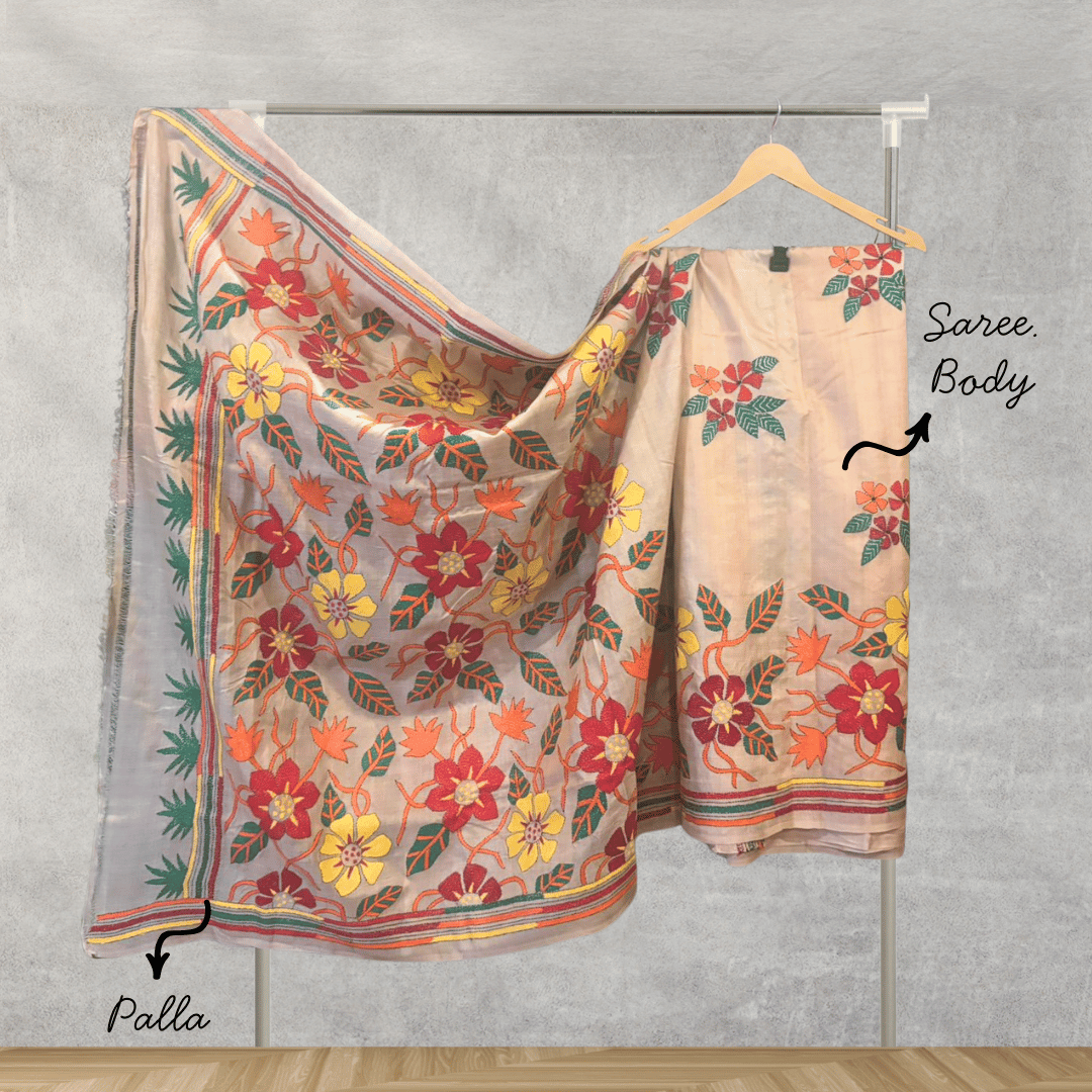 Pure Tussar Silk Flower Design Saree with Kantha Work