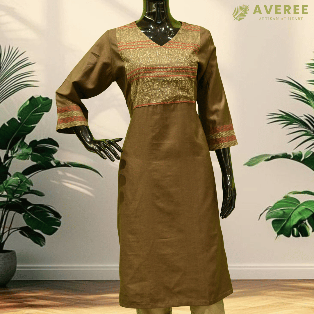 Brown Silk Hand Embroidered Slim Fit Kurti
