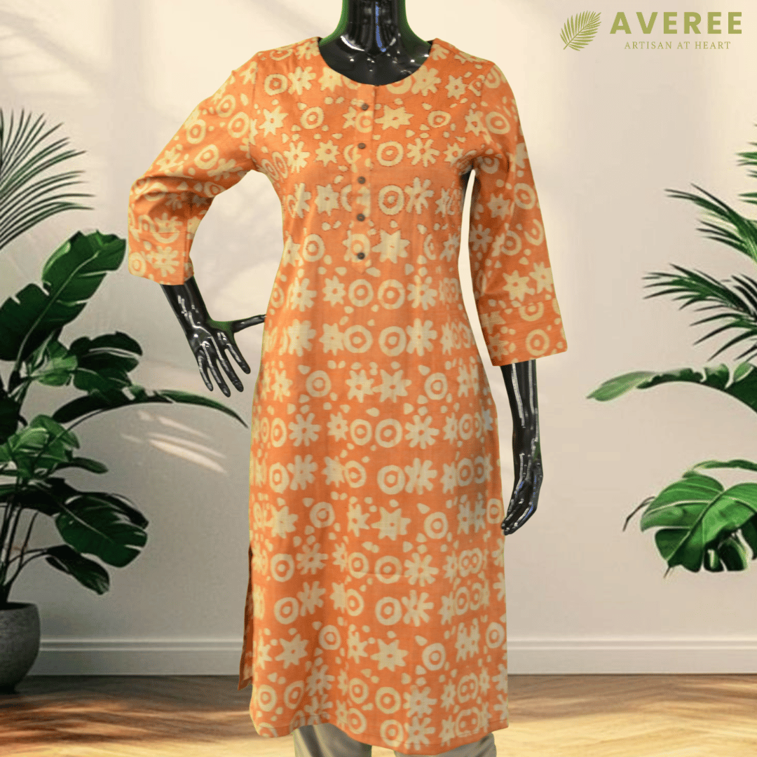 Orange Block Print Viscose Hand Embroidered Slim Fit Kurti