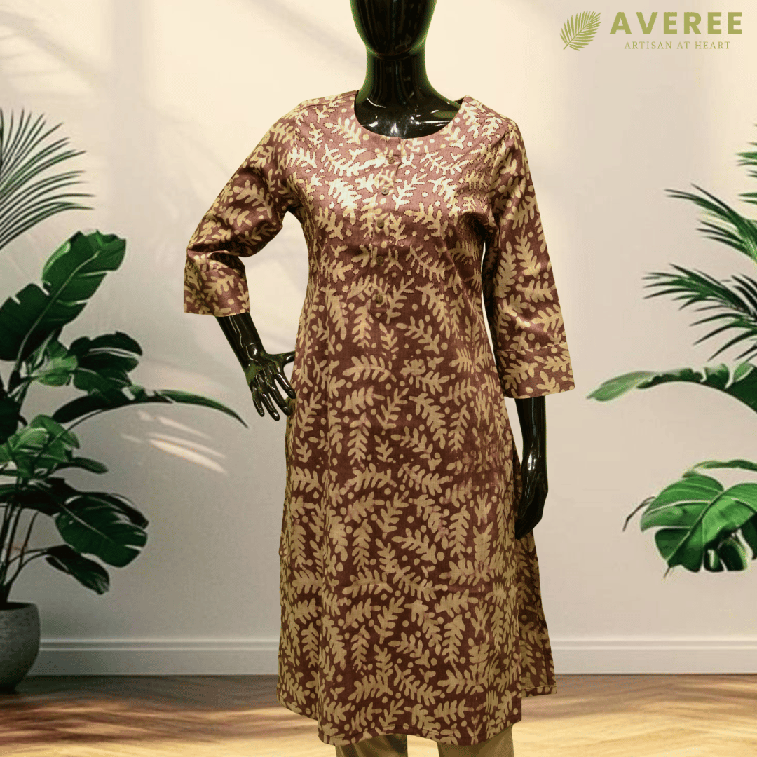 Burgundy Block Print Viscose Hand Embroidered Slim Fit Kurti