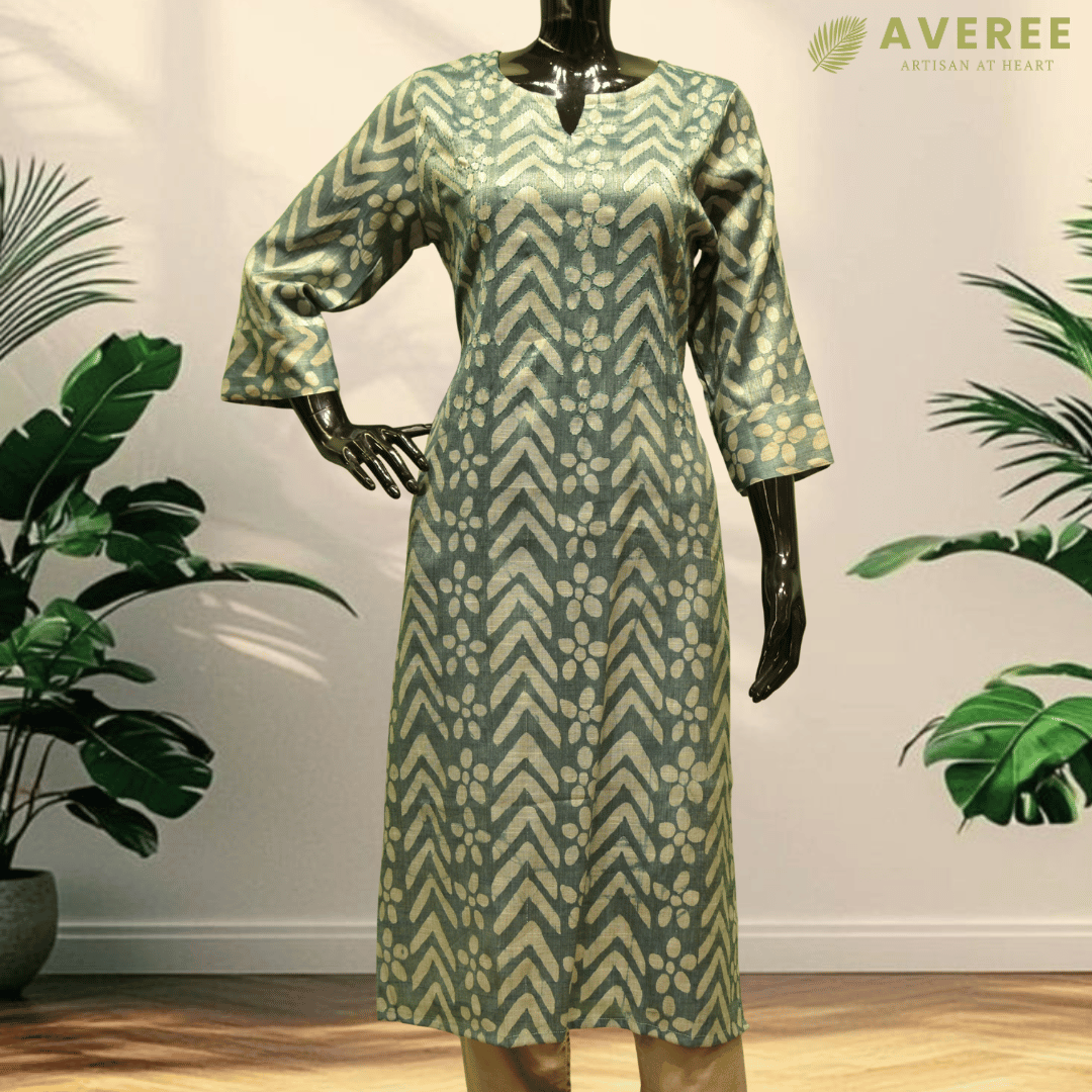 Green Block Cotton Hand Embroidered Slim Fit Kurti