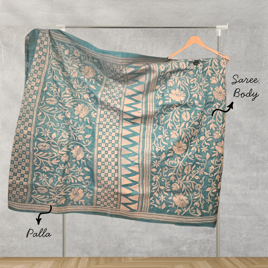 Aqua Blue Pure Gachi Tussar Silk with Kantha Work