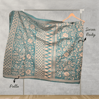 Aqua Blue Pure Gachi Tussar Silk with Kantha Work