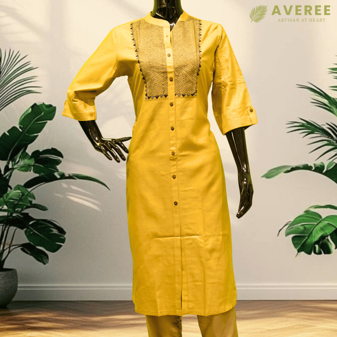 Tan Silk Hand Embroidered Slim Fit Kurti