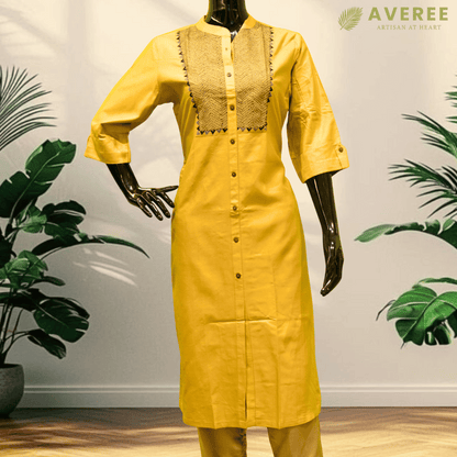 Tan Silk Hand Embroidered Slim Fit Kurti