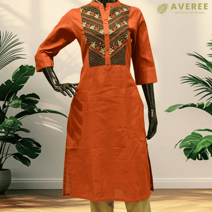 Tangerine Cotton Hand Embroidered Slim Fit Kurti