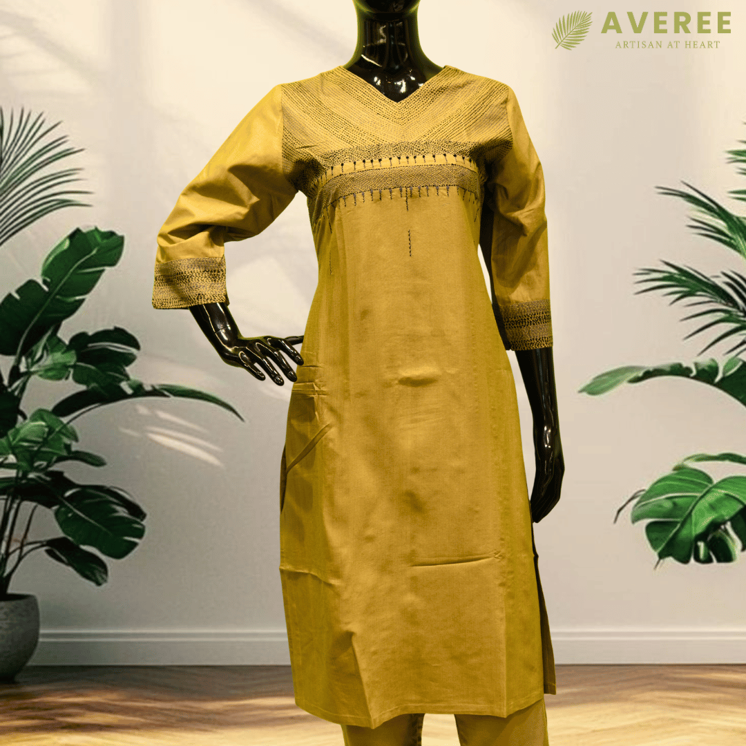 Beige Silk Hand Embroidered Slim Fit Kurti