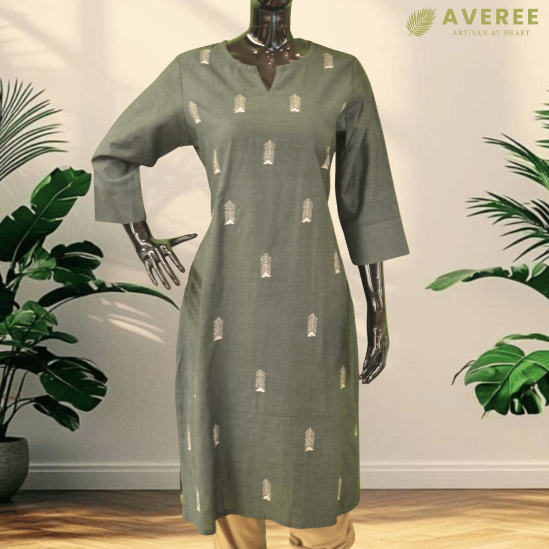 Olive Green Block Cotton Hand Embroidered Slim Fit Kurti