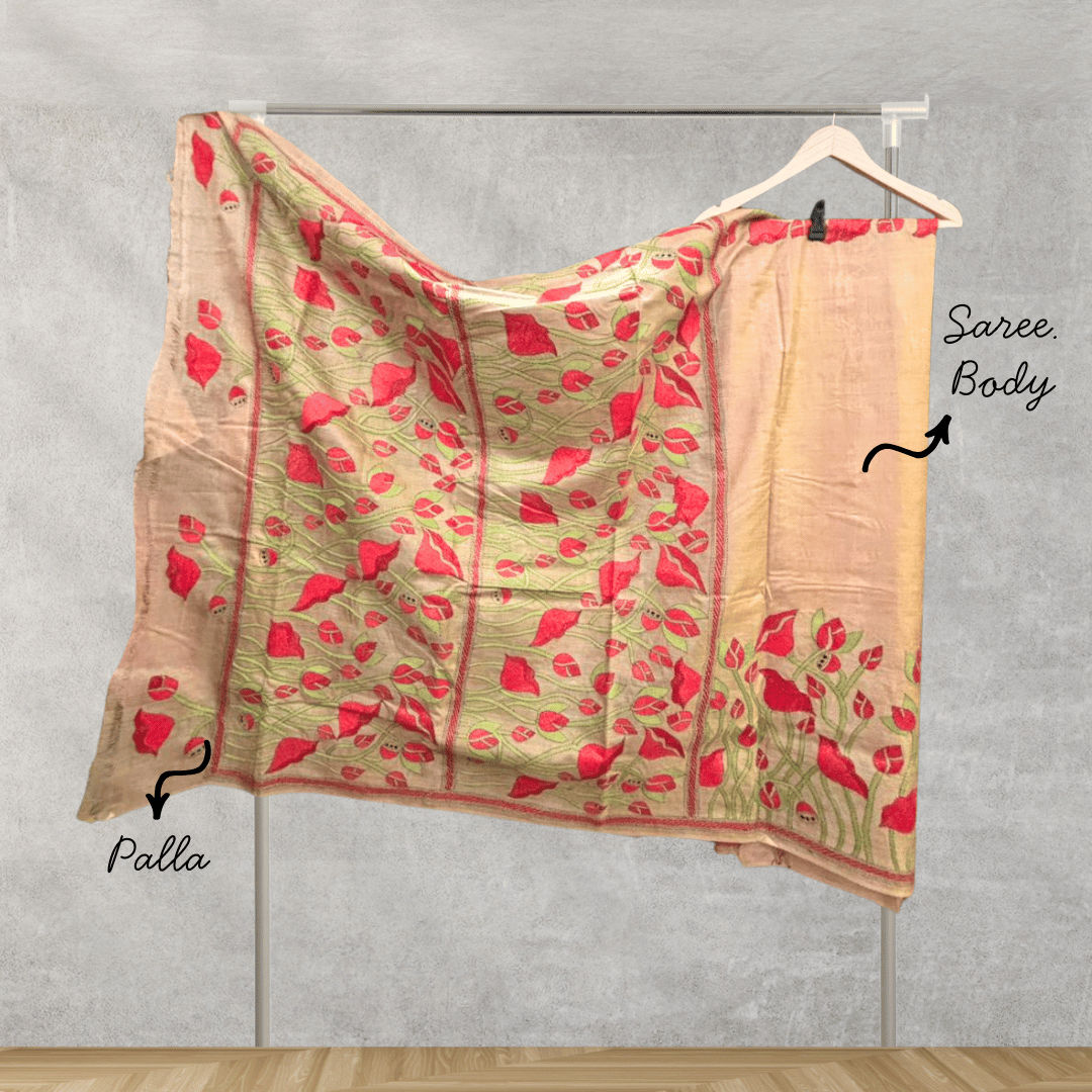 Pure Gachi Tussar Silk Flower Design Saree with Kantha Work