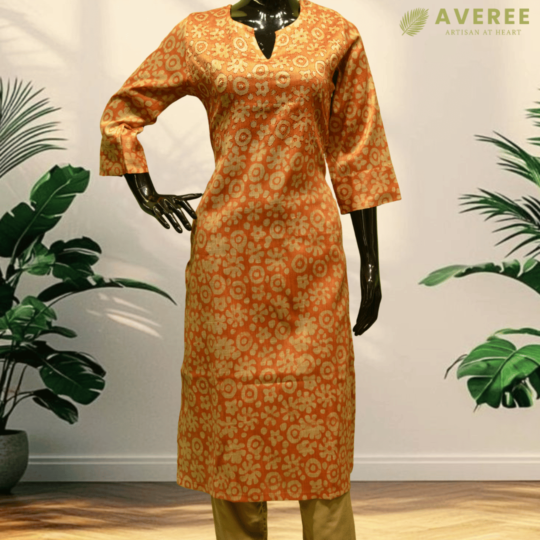 Orange Block Cotton Hand Embroidered Slim Fit Kurti