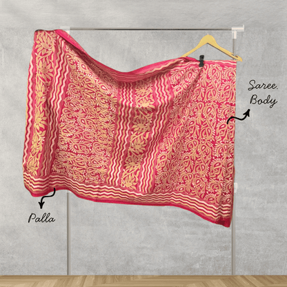 Pink Pure Silk Saree with Kantha Work