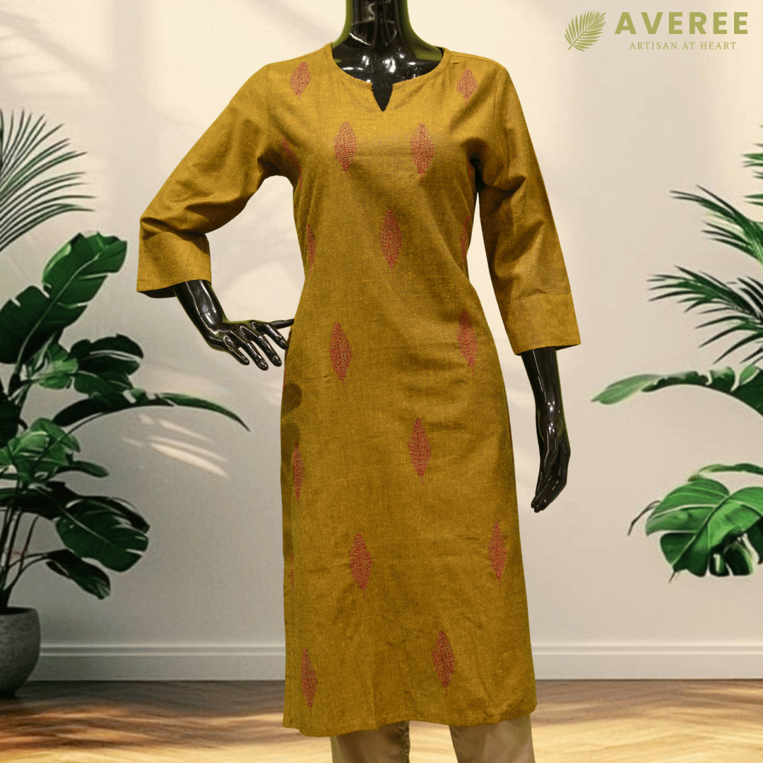 Mustard Cotton Hand Embroidered Slim Fit Kurti