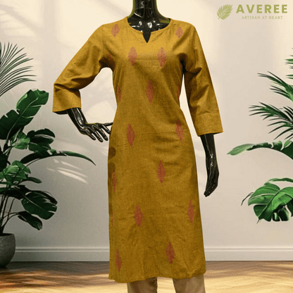 Mustard Cotton Hand Embroidered Slim Fit Kurti