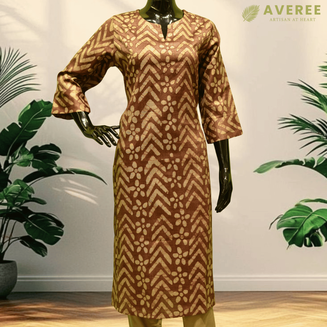 Brown Block Cotton Hand Embroidered Slim Fit Kurti