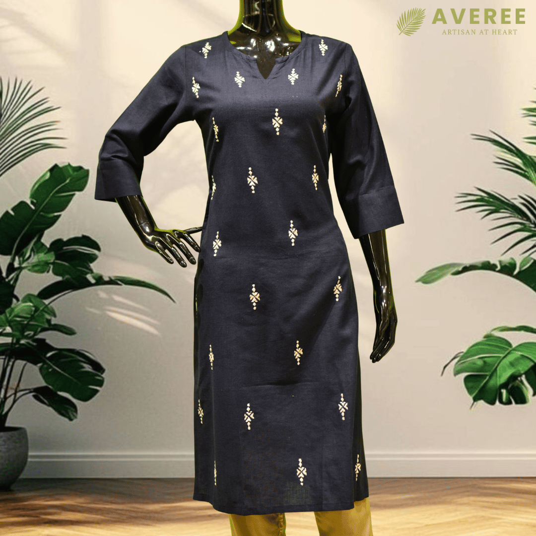 Navy Blue Long Hand Embroidered Slim Fit Kurti