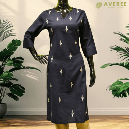 Navy Blue Long Hand Embroidered Slim Fit Kurti