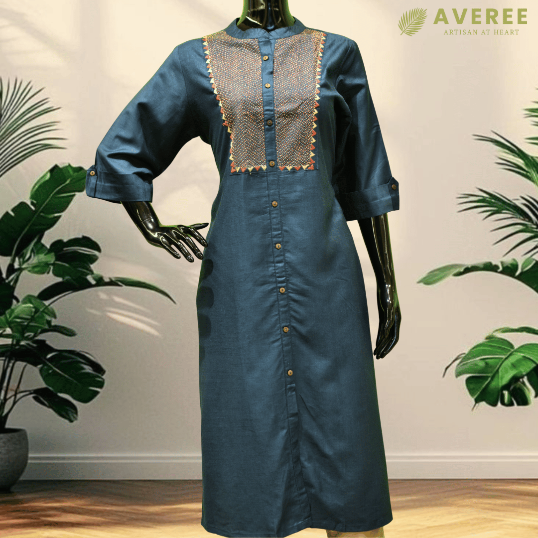 Navy Blue Silk Hand Embroidered Slim Fit Kurti