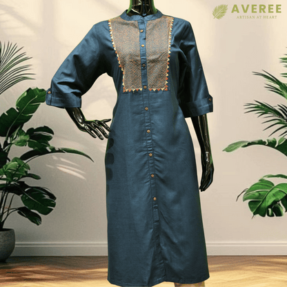 Navy Blue Silk Hand Embroidered Slim Fit Kurti