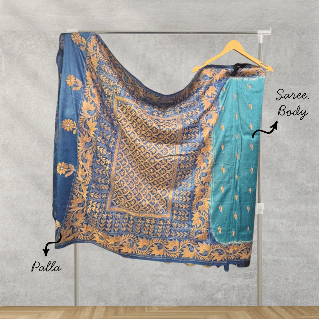 Blue Pure Tussar Silk Saree with Kantha Work