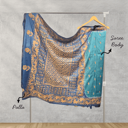 Blue Pure Tussar Silk Saree with Kantha Work